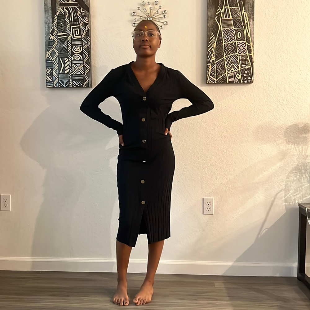 Black Faux Button Down V Neck Bodycon New M Zara